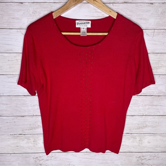 Pendleton Silk Cashmere Red Beaded Short Sleeve Sweater Top - Picture 2 of 6